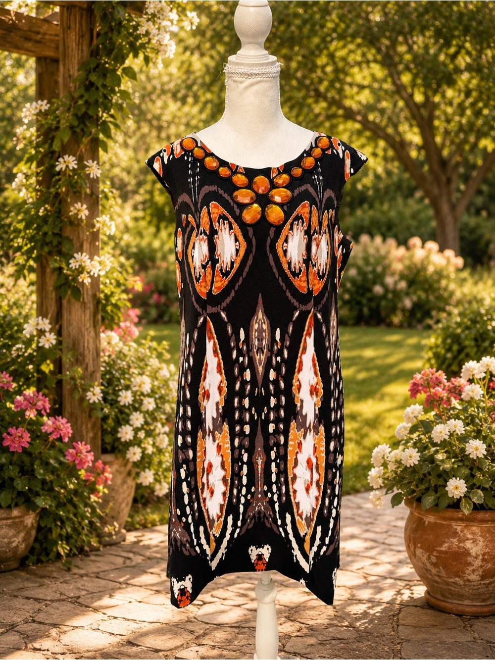 Voir Voir Black Midi Dress with Bold Orange and Cream Print